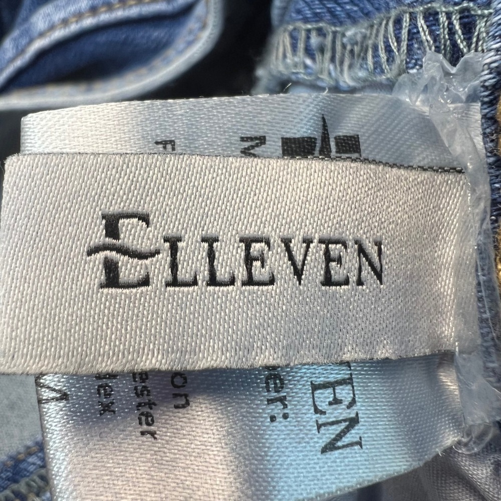 ELLEVEN Denim Overall Skirt Women Medium Blue Frayed Hem Bib Pocket NWT - Picture 2 of 11